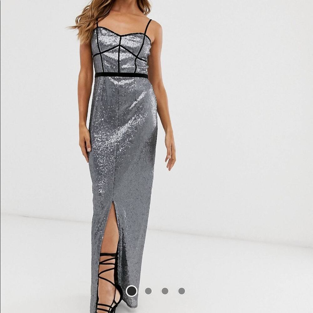Little Mistress Silver & Black Metallic Sequined Sleeveless Maxi Dress NWT Sz 10